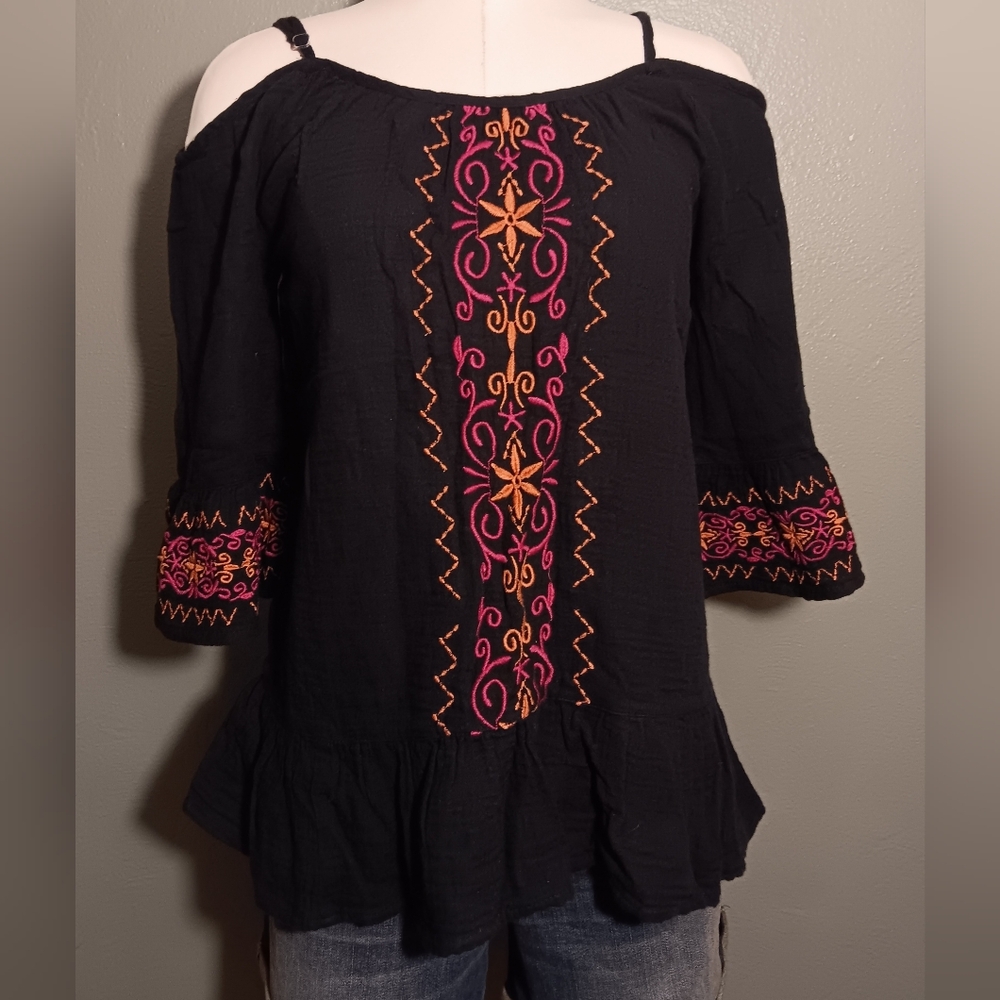 Embroidered Black Top with Pink and Orange Accents - Picture 1 of 3